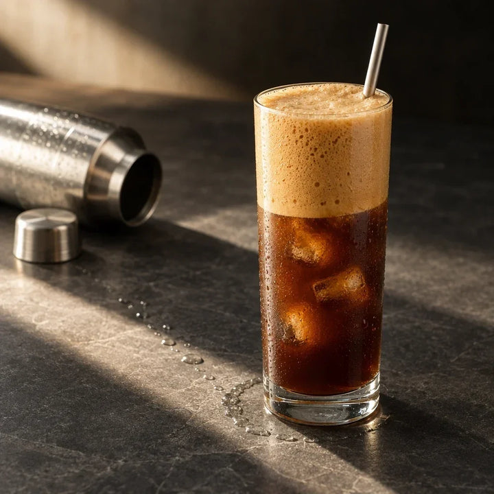 Greek frappe with foam and ice in a tall glass.