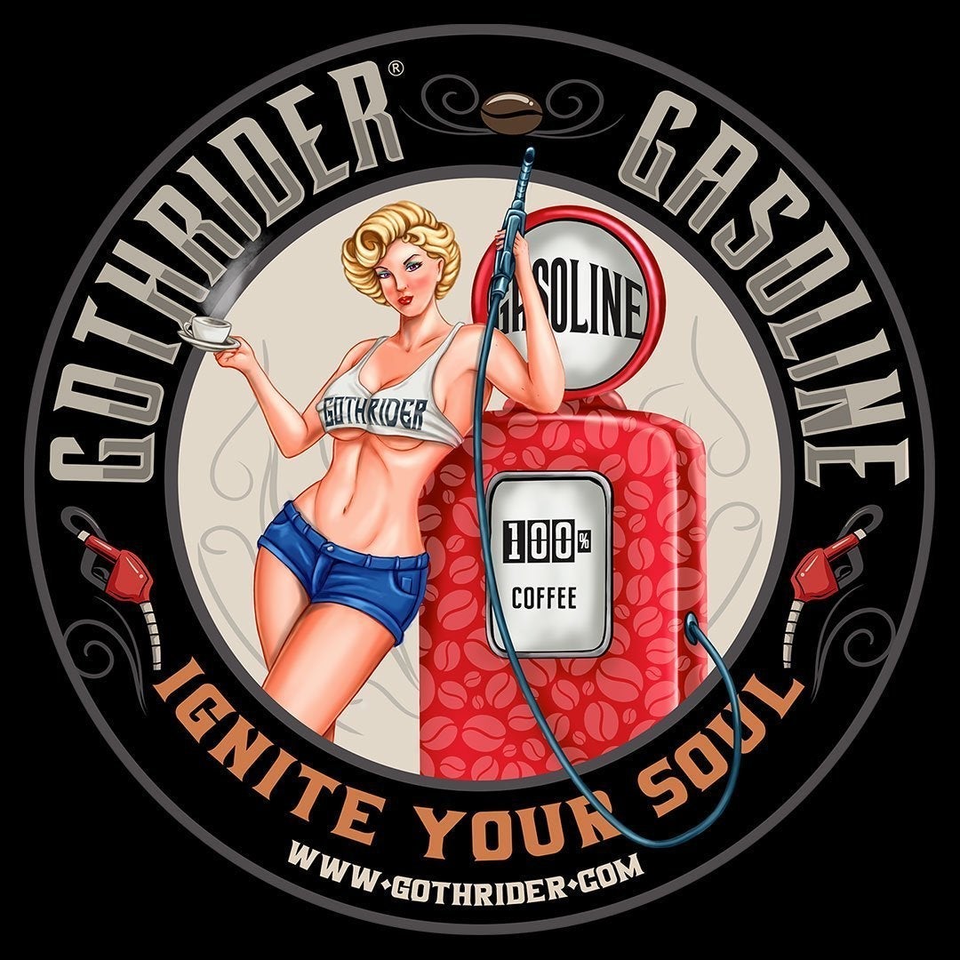 GothRider Gasoline Coffee Blondie Pin-Up Round Bumper Sticker - GothRider Brand